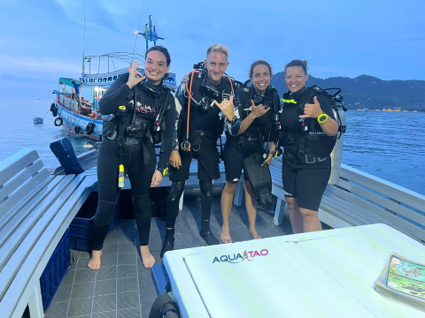 Group of divers ready for a night dive, AquaTao boat