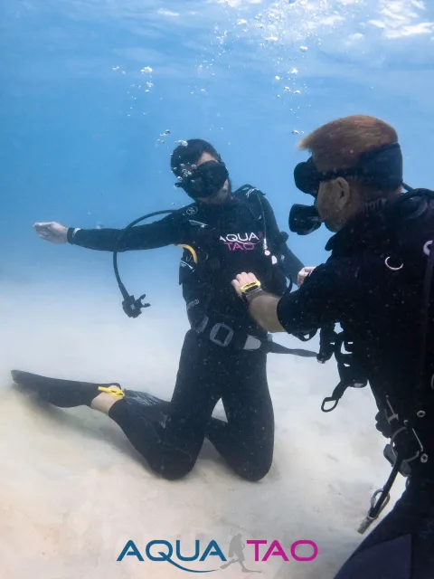 Diving skill exercise on the sandy bottom with an instructor