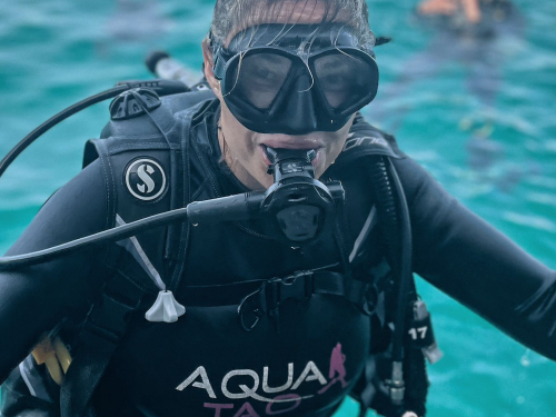 Diver in AquaTao gear climbing back onto the boat