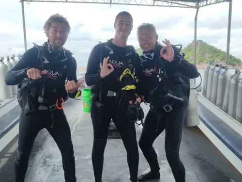 Three divers giving the OK sign in front of the island